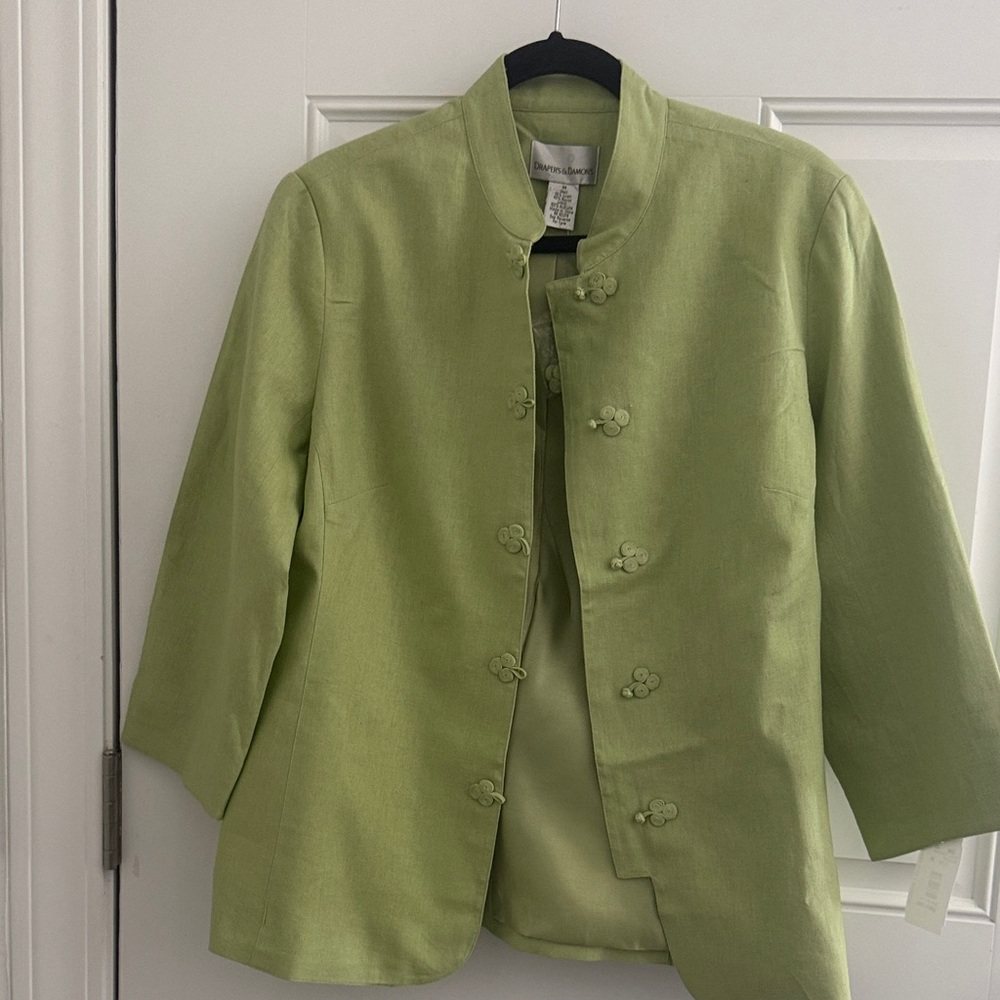 DRAPER’S & DAMON’S Pastel Lime Green Mandarin-Collar Frog-Closure Jacket
